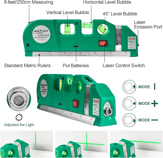 Level Tool Laser Level Leveler tool Cross Line Vertical and Horizontal Line with USB Rechargeable for Picture Hanging cabinets Tile Walls by AikTryee.