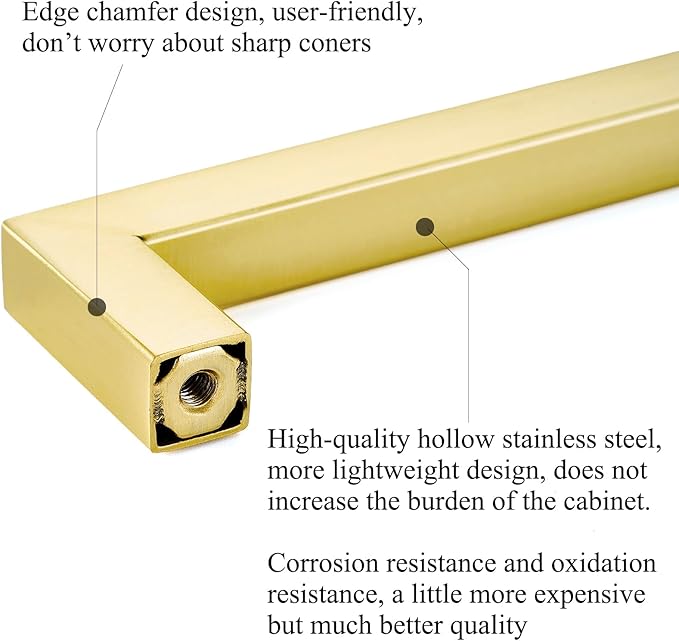 Gold Handles for Kitchen Cabinets 10 Pack, 12-3/5 Inch Hole Center Stainless Steel Square Cabinet Pulls Brushed Gold Cabinet Handles Drawer Handles Dresser Hardware