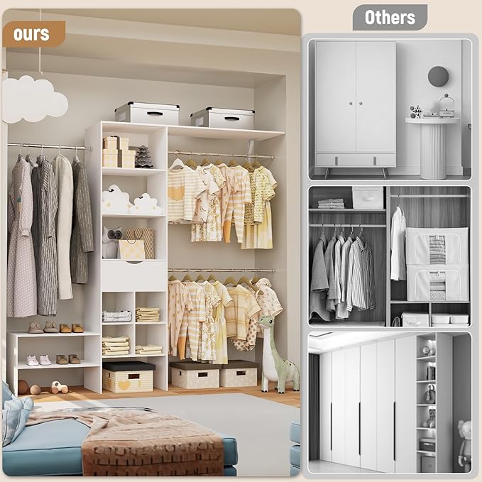 Wood Closet Organizer System, Closet Organizer with 3 Hanging Rods & 1 Wooden Drawer – Adjustable Closet System for Walk-In Closets, Wood Shelves, Fits Spaces 3-8ft, Pure White