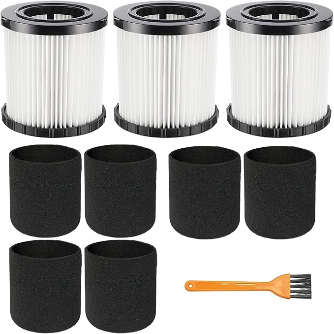 9 Pack DCV5801H DCV580H Vacuum HEPA Filter for DeWalt DCV580H, DCV581H 20V MAX Wet/Dry Vacuum, Washable and Reusable, 6 Foam Sleeve Filters and 1 Brush