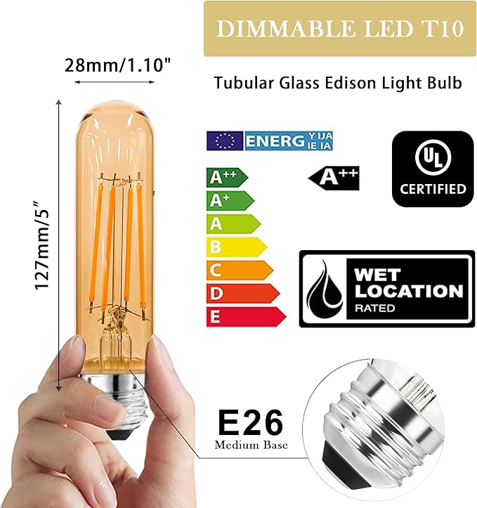 5 Inch E26 Led Bulb Equal 80 Watt, 2200K Amber White Vintage Edison Bulb 6W Dimmable, 800LM T10 T9 Glass Tubular Light Bulbs AC 120V for Chandelier Pipe Pendant Wall Light - UL Cert 6Pack