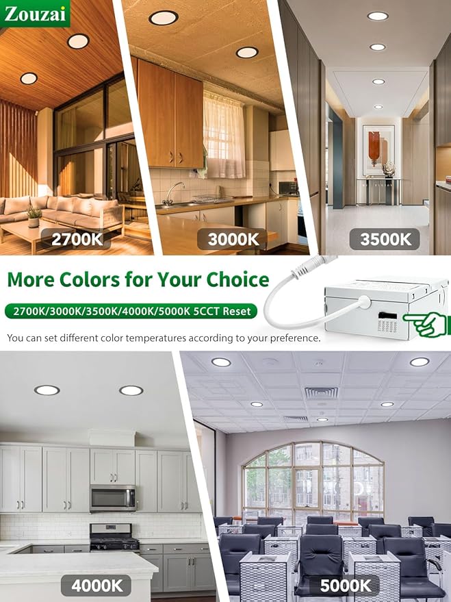 zouzai 24 Pack Black 8 inch 18W Eqv 150W 1685LM 5CCT Reset LED Recessed Ceiling Light with Junction Box, 2700K-5000K Selectable,Dimmable, led Ceiling Lights - ETL and Energy Star Certified