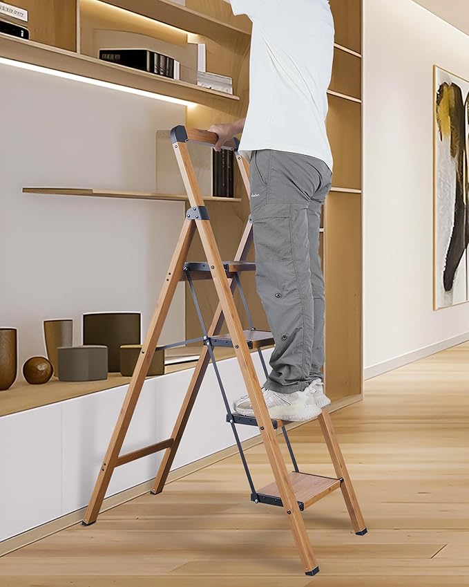 Step Ladders Folding 5-Step Woodgrain Finish Aluminum Foldable Step Stool,Anti-Slip Portable Sturdy for Home & Kitchen Office 330 lbs