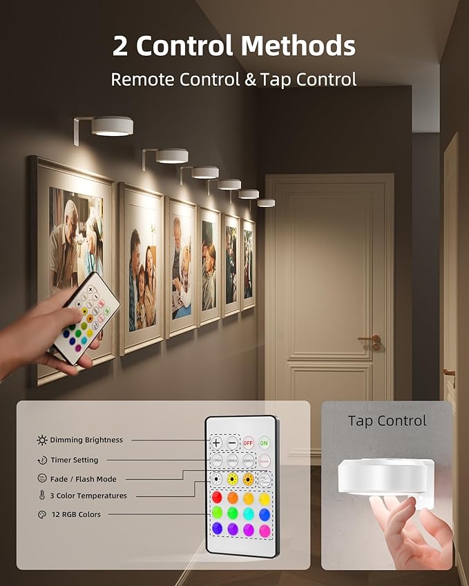 EZVALO Picture Lights for Wall with Charging Station, Rechargeable Battery Magnetic Poster Lights with 3 Color Temps & 12 RGB, Remote Dimmable Timer, Wall Decor Light for Art Display (6 Pack)