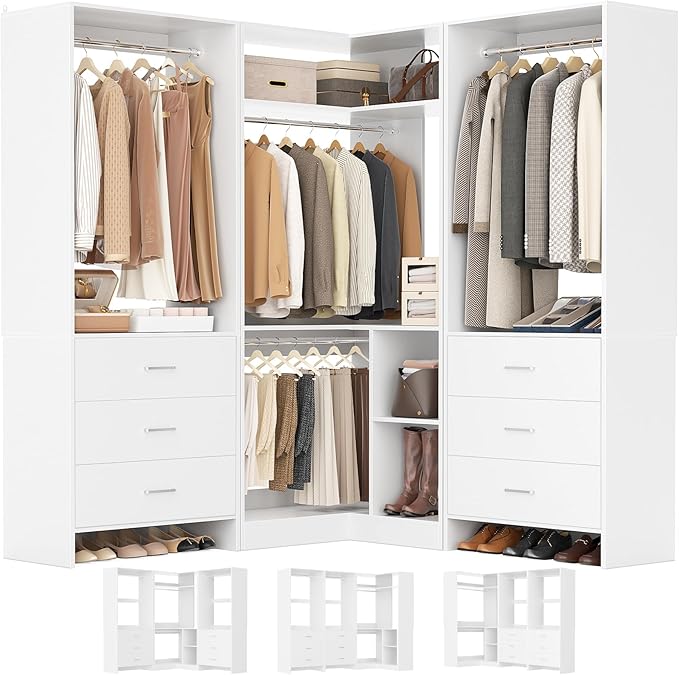Aheaplus Closet System with 6 Drawers, 4 Hanging Rods & Corner Tower, Corner Closet System with Hanging, 80.9" L-Shaped Walk-In Wardrobe Organizer, 2000+ lbs Capacity, Set of 3, White