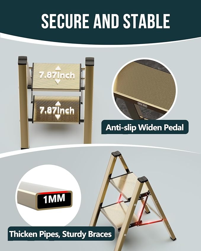 WOA WOA Step Ladder, 2 Step Foldable Step Stool with Widen Pedals, Portable Aluminum Stepladder, Compact Ladder for Space Saving, Home Ladders for Kitchen(300lbs, Gold)