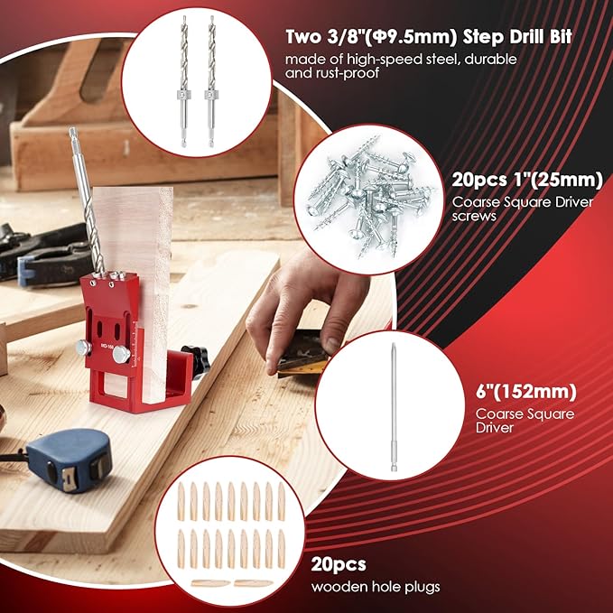 Pocket Hole Jig Kit, Adjustable Aluminum Pocket Hole System, Portable Screw Jig Set Guides Joint Carpentry Locator Woodworking Tools with Wooden Hole Plugs