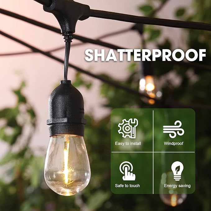 LED S14 Replacement Light Bulbs for Patio String Light, Shatterproof & Waterproof Hanging Light Bulbs for Outdoor String Lights, Dimmable, E26 Base, 24 Pack