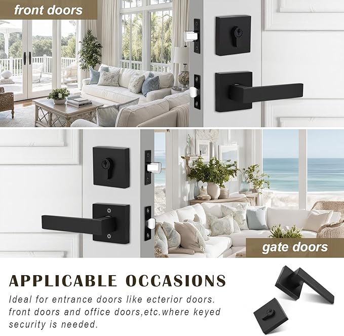 3 Pack Keyed Entry Door Lock with Deadbolt Set, Reversible Passage Lever and Keyed Alike Double Cylinder Deadbolt, Matte Black Square Handleset for Bedroom, Front Door