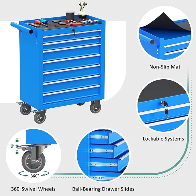 7-Drawer Rolling Tool Chest with Wheels, Tool Box with Locking System and Sliding Drawers, Tool Box Organizer for Garage, Warehouse, Workshop(Blue)