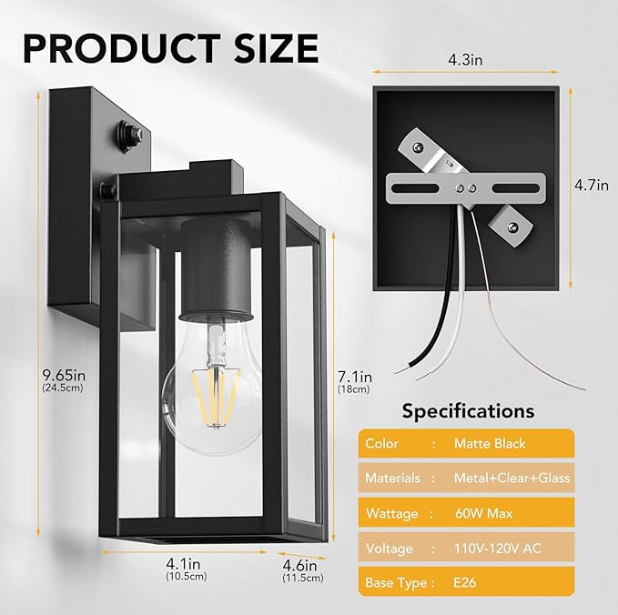 PARTPHONER Dusk to Dawn Outdoor Light Fixtures, 2-Pack Sensor Porch Lights, Waterproof Exterior Wall Sconce Lighting Lamp, Waterproof Wall Lantern for House, Doorway, Garage (Black)