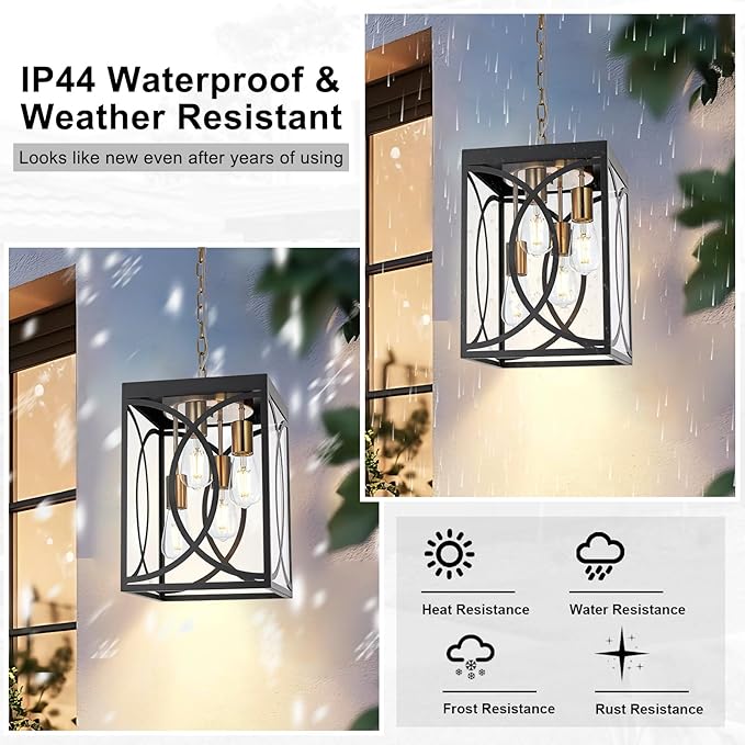 4-Lights Large Outdoor Pendant Light Fixture, E26 Bulb Base Porch Hanging Lighting in Black & Brushed Brass, Modern Exterior Lantern Chandelier Ceiling Mount for Patio Front Door
