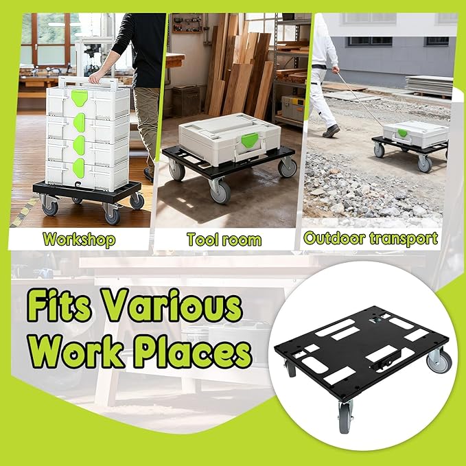 Metal Roll Board for Festool with 4 Rollers, Black Systainer Cart for Festool for Easy Transport of Systainer & T-Loc System, Rolling Board for Festool with Feedthroughs for Straps