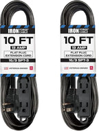 Iron Forge Cable 2 Pack 10 ft Flat Plug Black Extension Cord with 3 Outlets - 16/3 SJTW 3 Prong Indoor Extension Cord with Multiple Outlets