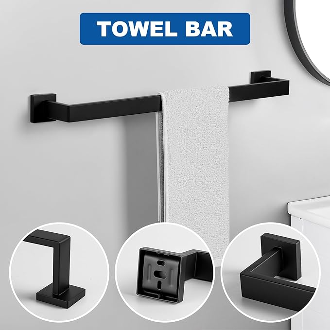 Cilee 10-Pieces Bathroom Hardware Set - Matte Black Bathroom Accessories, 24 Inch Towel Bar, Square Towel Ring, Toilet Paper Holder, Towel Hook, Wall-Mounted Stainless Steel Towel Bar Rack Set