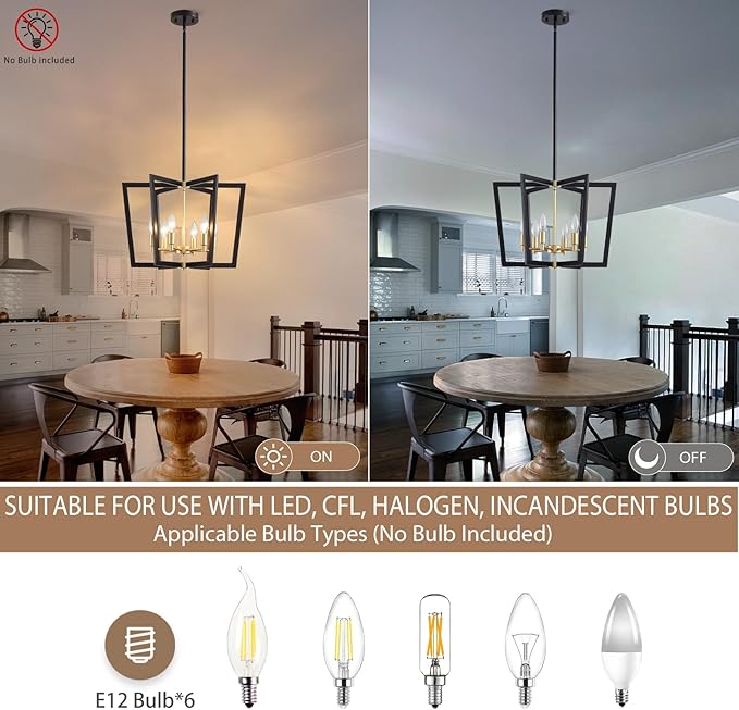 Modern Black Gold Chandelier 6-Light Farmhouse Geometric Pendant Lighting Fixture for Dining Room Living Room Kitchen Island Entryway Bedroom Office, 20" Ceiling Hanging Lamp