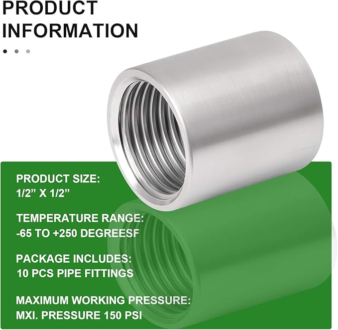 TAISHER 10PCS 304 Stainless Steel Cast Pipe Fitting, Coupling, 1/2" x 1/2" NPT Female Threaded