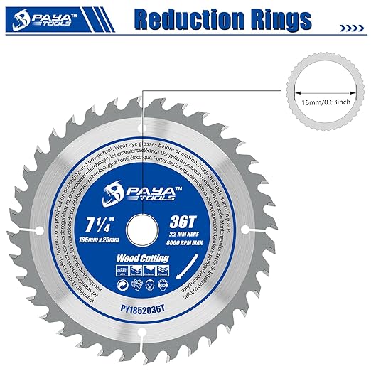 7-1/4-Inch 36-Tooth Circular Saw Blade,TCT ATB Framing Blade,20mm Bore(16mm Reduction Ring Included) for Wood Fast Cutting