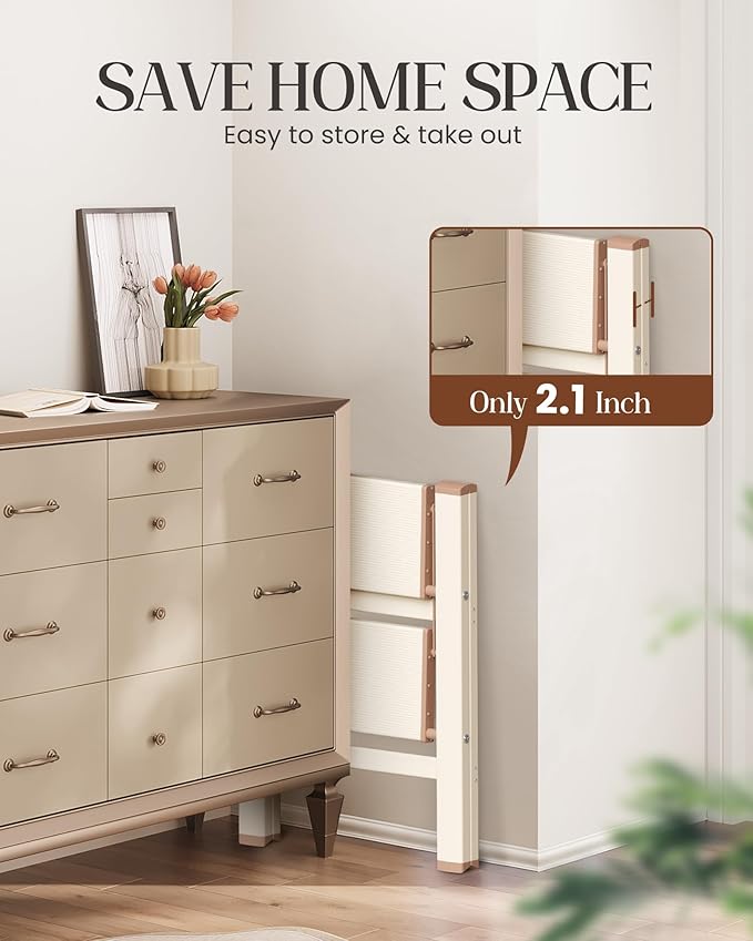 GameGem 2 Step Ladder, Aluminum Folding Step Stool with Anti-Slip Sturdy and Wide Pedal, Lightweight Portable Multi-Use Stepladder for Home and Kitchen Use Space Saving, 330 lbs, Chocolate White