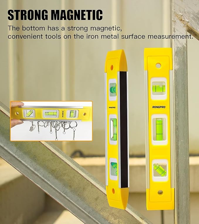 9 Inch Torpedo Level, Magnetic Box Level with 45°/90°/180° Bubbles, Shock Resistant Bubble Level Tool for Measuring