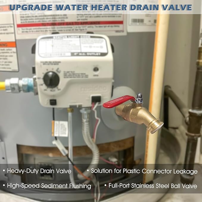 Water Heater Drain Valve 3/4" MNPT Full Port - Brass Sediment Flush Valve with 3 Inch Shank, 180° Handle Garden Hose Adapter Hot Water Heater Replacement Parts Fast Drain Tool Kit