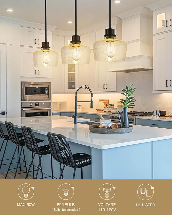 Emak 2 Pack Pendant Lights Kitchen Island, 8 Inch Black Pendant Light with Seeded Glass Shade, Modern Farmhouse Hanging Light Fixture for Kitchen Island, Bathroom, Bedroom, PL122-BK-2PK