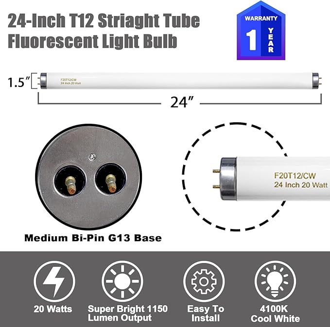 24 Inch T12 Fluorescent Tube Light Bulb 20 Watt Cool White, F20T12/CW 4100K Replacement for F20T12/CW/ALTO, F20T12/CW/ECO, F20T12/SP41/ECO G13 Base 1200 Lumens 4 Counts