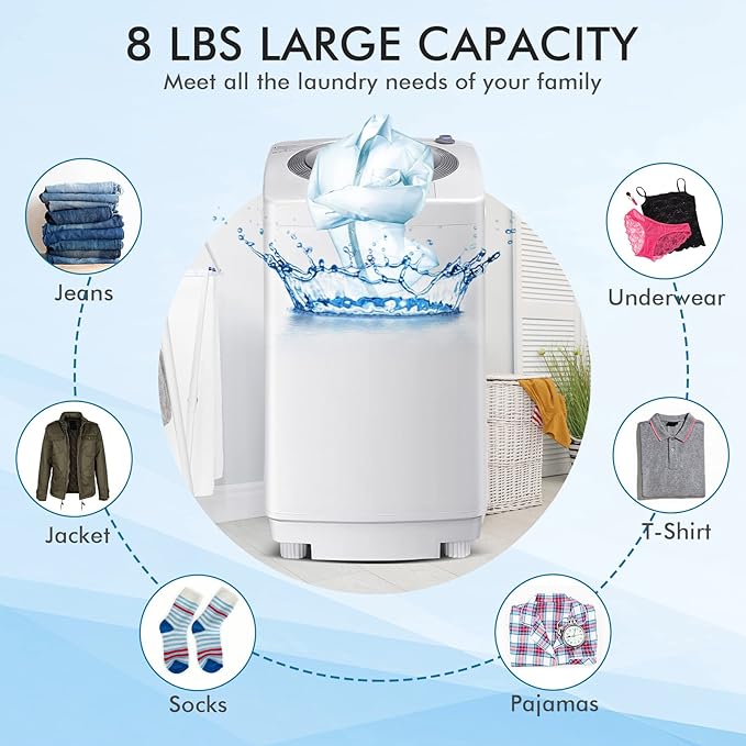 RELAX4LIFE Full-Automatic Portable Washing Machine, 8 LBS Capacity w/6 Programs & 3 Water Levels, LED Display, Drain Pump, Compact Laundry Washer and Dryer Combo for Home, Dorm, Apartment, RV, Camping