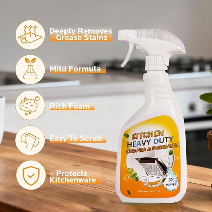 Kitchen Cleaner Spray - Waterless Formula, Rich Foam & Deep Cleaning, 2-in-1 Spray Nozzle, Gentle and Safe Multipurpose Cleaner Spray Lime Scent