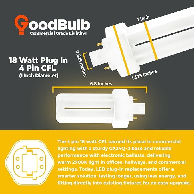GoodBulb 18 Watt CFL Light Bulbs 4 Pin GX24Q-2 Base 2700K Soft White 18W High Output 1200 Lumens Triple Tube Compact Fluorescent Light Bulbs Plug-in 10 Pack