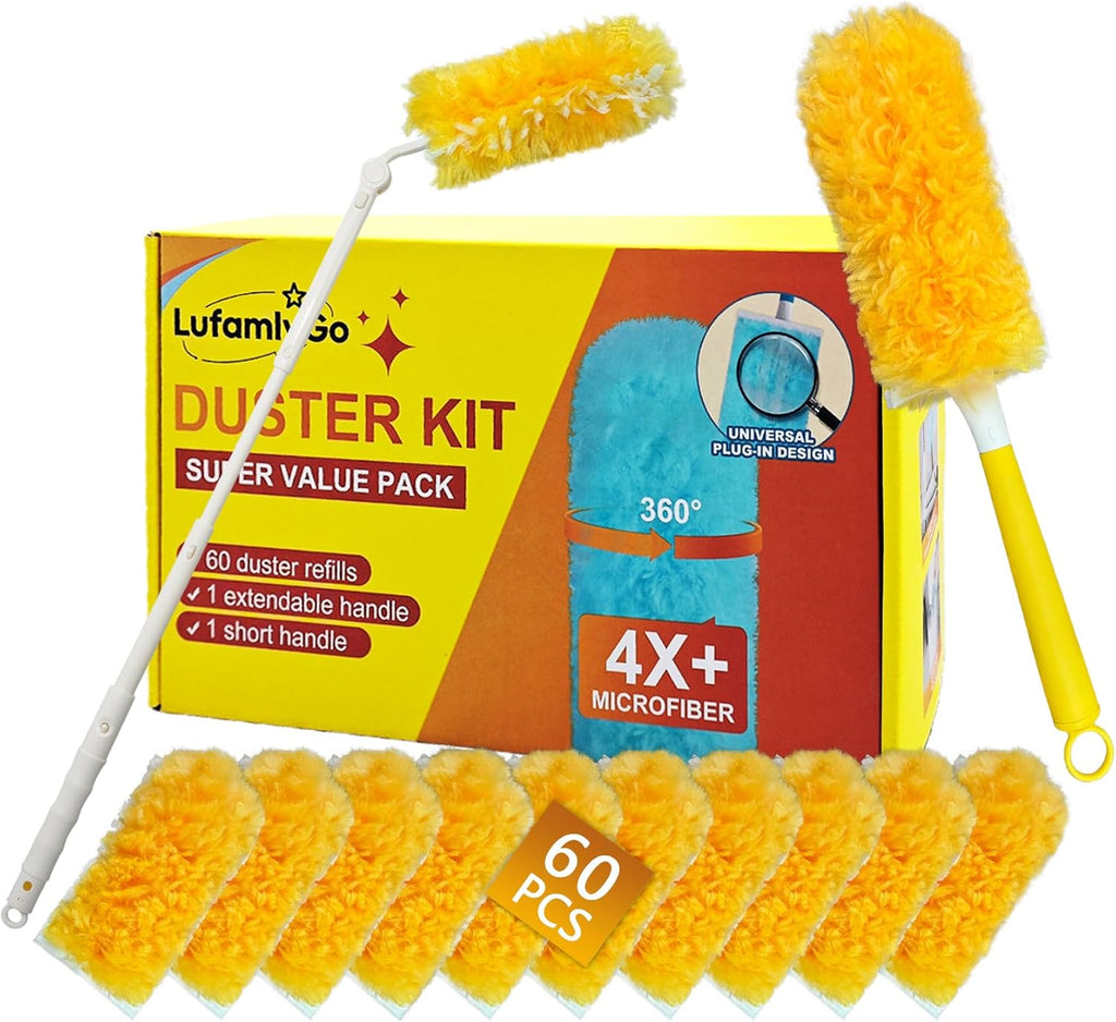 60ct 360° Heavy Duty Duster Refills Kit for Swiffer Duster, 4X Dust Capture Power with Microfiber, Disposable Feather Dusters for Cleaning Ceiling Fan, Cobweb, Car,1 Extended &1 Short Handle