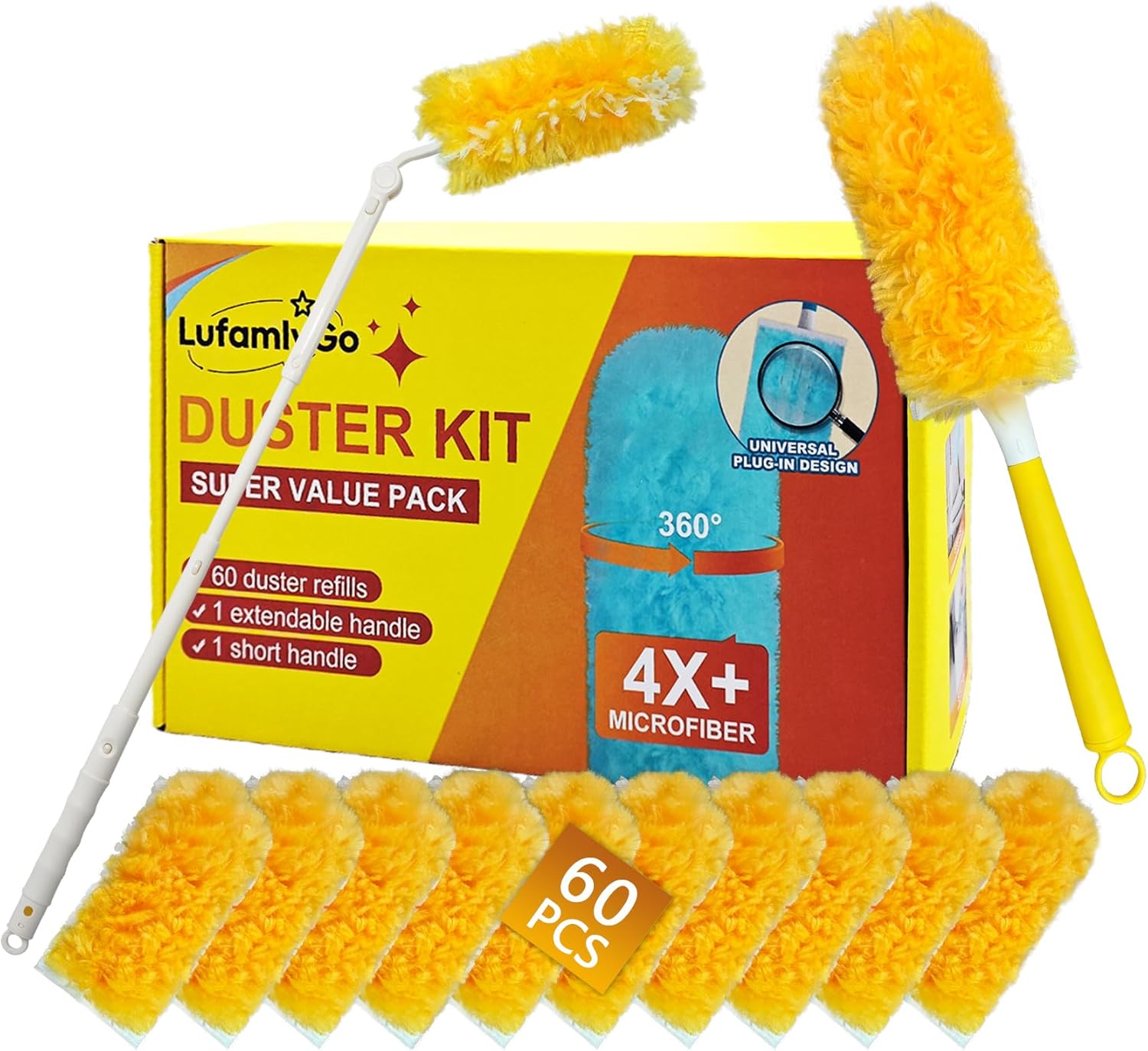 60ct 360° Heavy Duty Duster Refills Kit for Swiffer Duster, 4X Dust Capture Power with Microfiber, Disposable Feather Dusters for Cleaning Ceiling Fan, Cobweb, Car,1 Extended &1 Short Handle