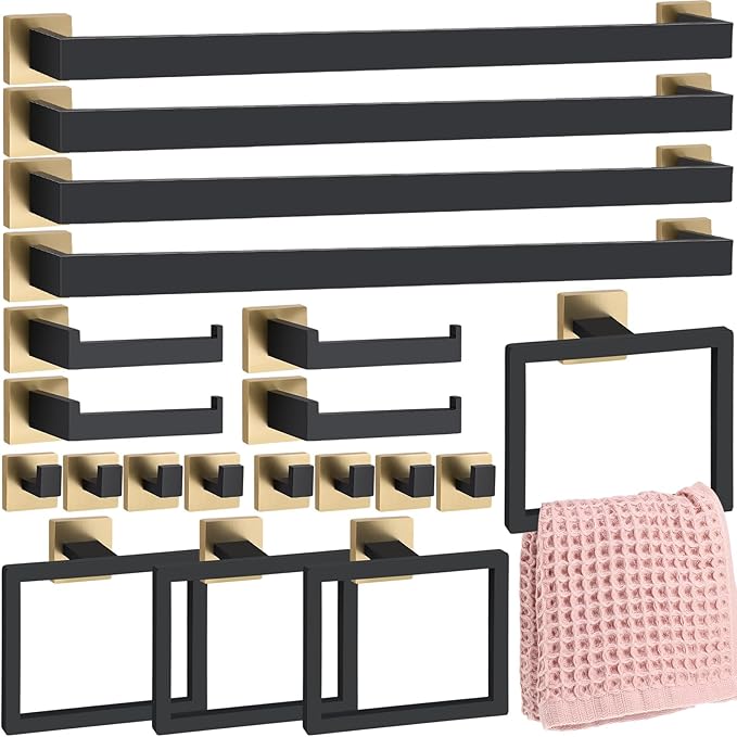Gisafai 20 Pcs Bathroom Hardware Accessories Set 23.6 Inch Bath Towel Bar Kit Stainless Steel Bathroom Hardware Set Towel Racks Ring Hooks Paper Holder for Wall Mounted (Black Gold)