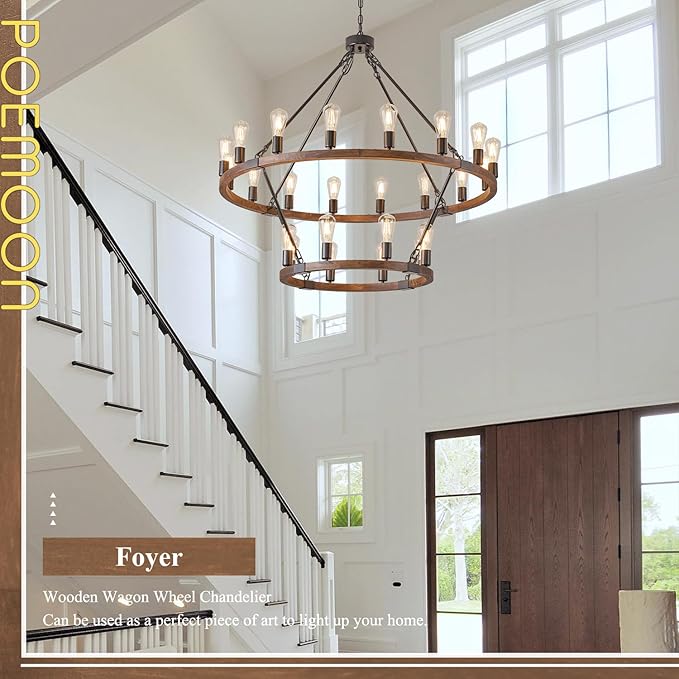 2 Tier Wooden Wagon Wheel Chandelier 43.3'' Farmhouse 24 Lights(16+8) Black Rustic Light Fixture 2-Story Round Wood Chandelier for High Ceiling Living Dining Room Foyer Villa