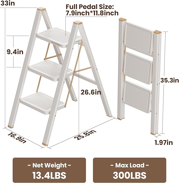 GameGem 3 Step Ladder, Foldable Step Stool with Anti-Slip Pedal, Portable Iron Stepladder for Home and Kitchen, Easy to Store-Cream Chocalate(300LBS)