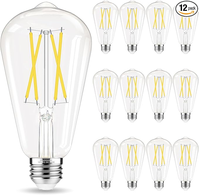 Edison Bulbs, E26 LED Bulb 60 watt Equivalent, Non-Dimmable, Cool White 4000K, ST58 Vintage Light Bulbs, 90+ CRI, 6W, 600LM, E26 Medium Base, Clear Glass, 12 Pack