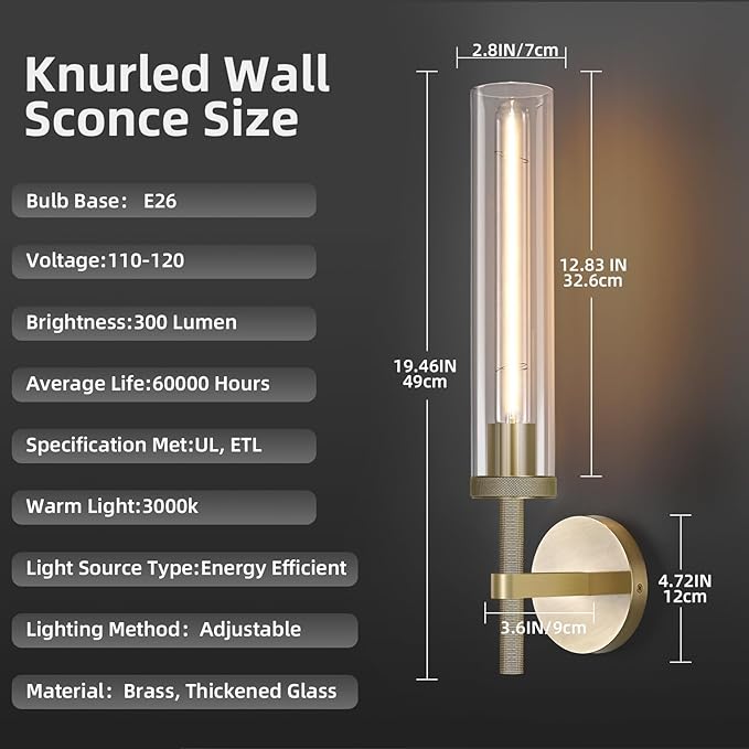 Modern Brass Hardwired Wall Sconces, 21'' Knurled Bathroom Wall Sconce, Indoor Wall Sconce,Copper and Tube Glass Vanity Light, for Living, Bedroom, Hallway, Staircases, Include Bulbs