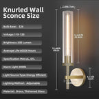 Modern Brass Hardwired Wall Sconces, 21'' Knurled Bathroom Wall Sconce, Indoor Wall Sconce,Copper and Tube Glass Vanity Light, for Living, Bedroom, Hallway, Staircases, Include Bulbs