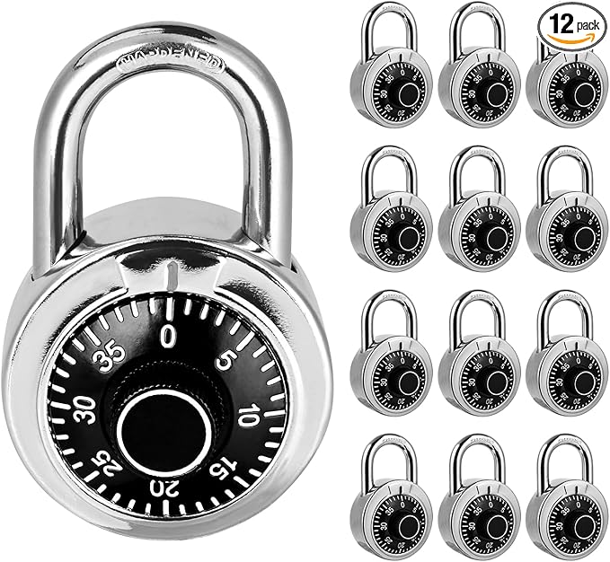Combination Padlock 12 Pack, Fixed Dial Combination Padlock with Different Combinations, 2 in. Wide. Black Turntable, Lock for Gym & Locker, School, Toolbox, and More