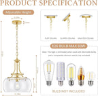 Industrial Round Chandelier Rustic Ceiling Light Fixture Farmhouse Pendant Light with Clear Glass Shade for Dining Room Hallway Entryway Kitchen Bedroom, Gold