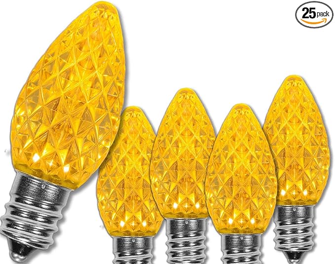 Wintergreen Lighting OptiCore C7 LED Christmas Light Bulbs - 25 Pack Heavy Duty Premium Outdoor Christmas Lights, E12 Base (Gold Faceted)