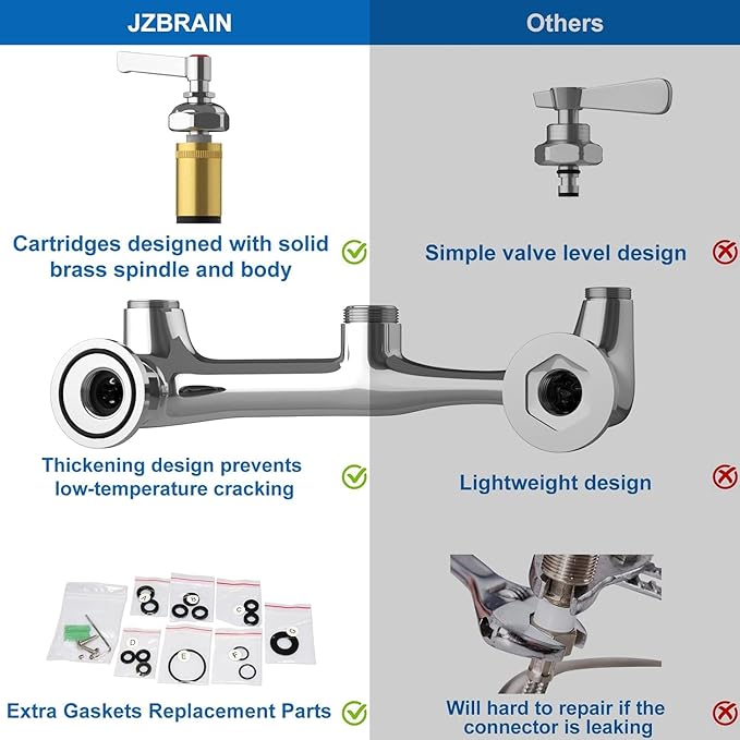 Commercial Wall Mount Kitchen Sink Faucet with Sprayer - 21" Height 8 inch Center, Add-on 8" Swing Spout Pre-Rinse Sprayer for 1 or 2 Compartment Sink