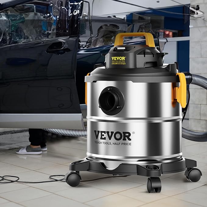VEVOR Stainless Steel Shop Vac Wet and Dry Vacuum Cleaner 5.5 Gallon 6 Peak HP - Powerful Suction with Blower Function & Attachments 2-in-1 Crevice Nozzle - Perfect for Car Carpet Debris Pet Hair