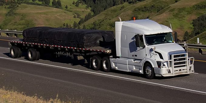 Mytee Products 28' x 27' Flatbed Trailer Lumber Tarp with 10 FT Drop - Heavy Duty Black 18 Oz Vinyl Waterproof Tarp for Truck/Trailers to Protect Cargo from Wind, Rain, Snow and Sun