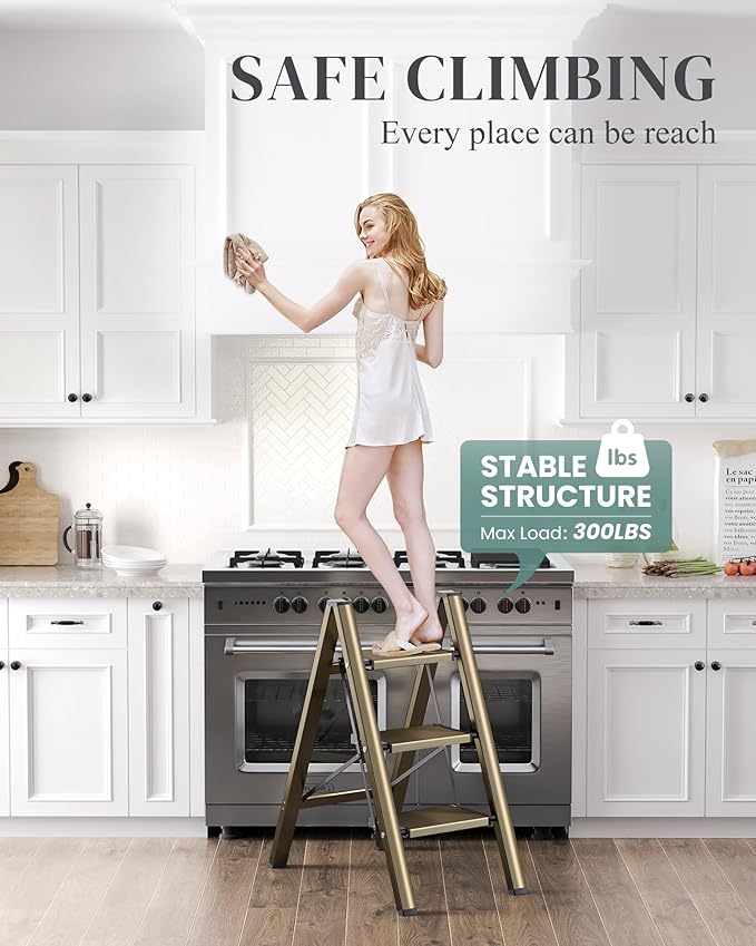 GameGem 3 Step Ladder, Folding Step Stool with Wider Pedal, Anti-Slip Feet & Non Slip Stripes, Aluminum Sturdy Material, 300Lbs Capacity, Elegant Look of Champagne Gold Better Matches Your Home