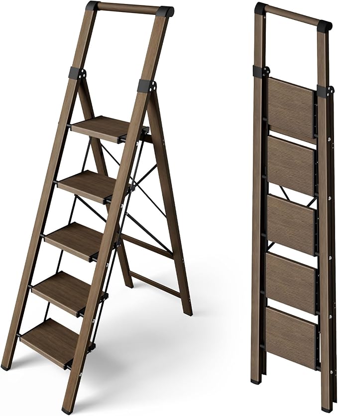 Taranta 5 Step Ladder, Portable Folding Ladder with Wide Pedal, Lightweight Aluminum Step Stool with Convenient Handgrip, 330 lbs Capacity Stepladder for Home, Office - Walnut