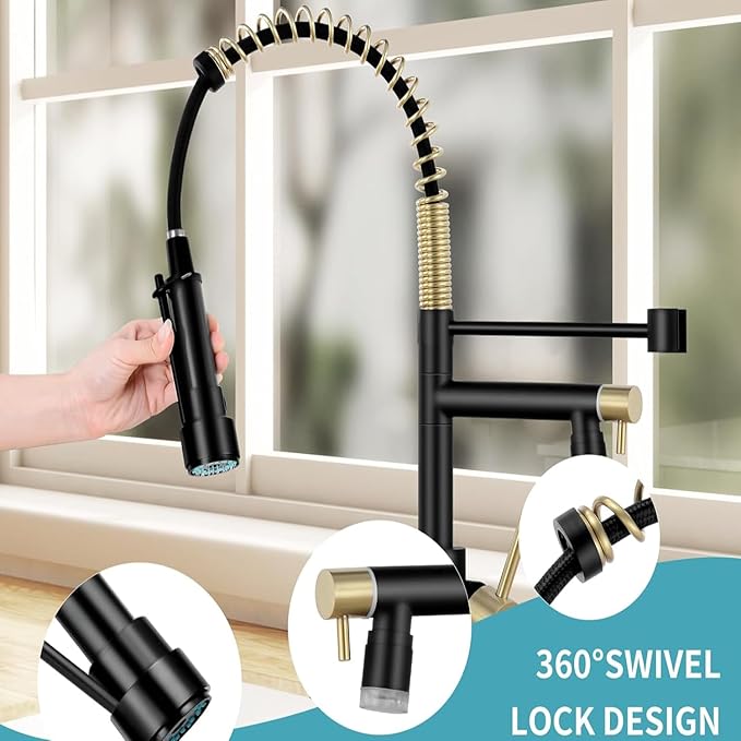 Smart Kitchen Faucet, 3 Modes Pull Down Sprayer, LED Temperature Control, Ceramic Valve,360-Degree Rotation,1 or 3 Hole Deck Plate, Double Spout. 10-Year Warranty. (KW-21RK, Gold/Black)