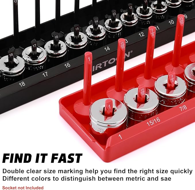 AIRTOON 8-Piece Socket Organizer Trays, SAE and Metric Socket Tray Set, 1/4", 3/8", and 1/2" Drive Deep and Standard Socket Holders Organizers for Toolbox, Black & Red