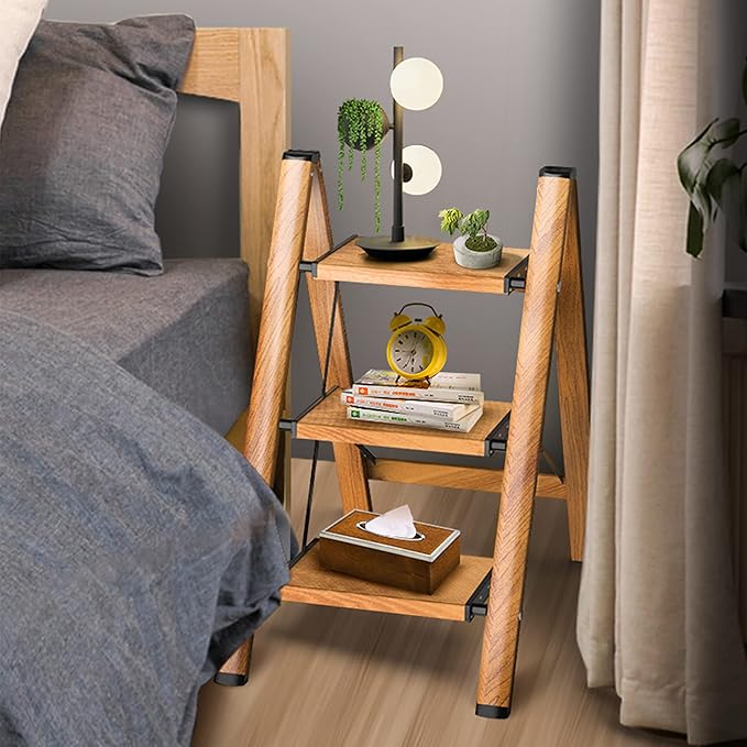 3 Step Ladder, Folding Step Stool with Anti-Slip Wide Sturdy Pedal, Multi-Use for Home and Kitchen Use, Space Saving-Woodgrain(300 lbs Capacity)