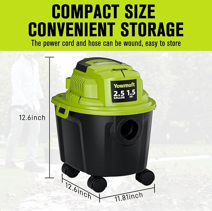 2.5 Gallon Small Shop Vac, 1.5 Peak HP Mini Shop Vac with Blowing Function, 15Ft of Cleaning Reach, 3 in 1 Shop Vacuum Wet and Dry for Floor/Car/Garage